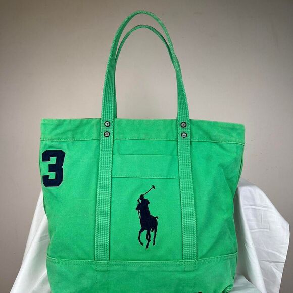 Polo Ralph Lauren Embroidered Pony Canvas Tote Bag #3 Large Green Vintage Zipper - Picture 1 of 8
